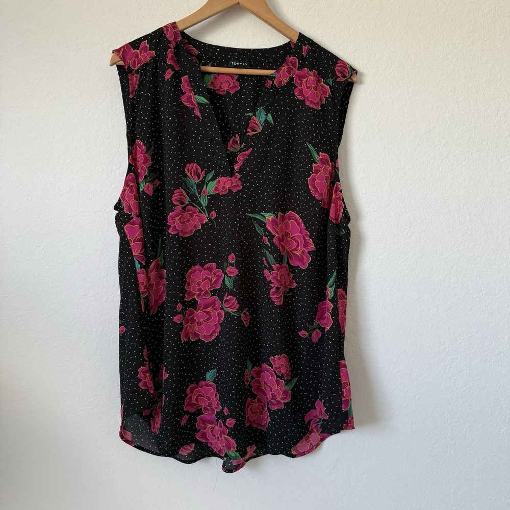 Torrid Georgette Size 2  2X Pink Rose Floral Polka Dot V- Neck Tunic Tank